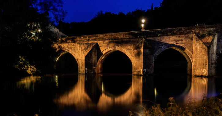 View of Elvey Bridge and the River Wear at night time. 